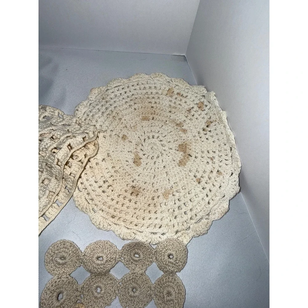 Vintage Crochet Doilies & Embroidered Puppy Linen Lot Shabby Chic Crafting 8pc